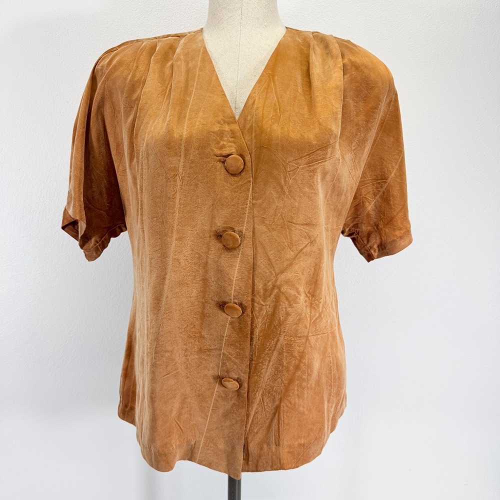 Casual Corner Vintage 90s 100% Rayon Copper Brown Sueded Blouse‎ Made in USA 6